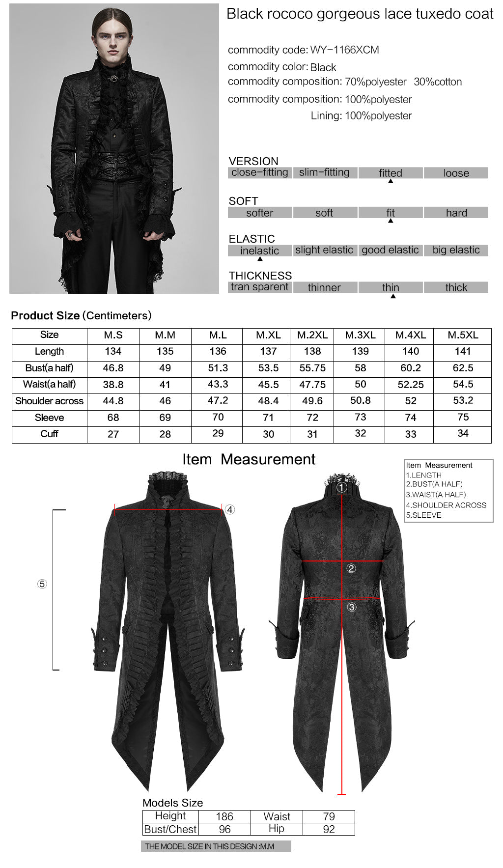 WY-1166XCM Victorian Gothic Coat Red Black Brocade Lace Trim