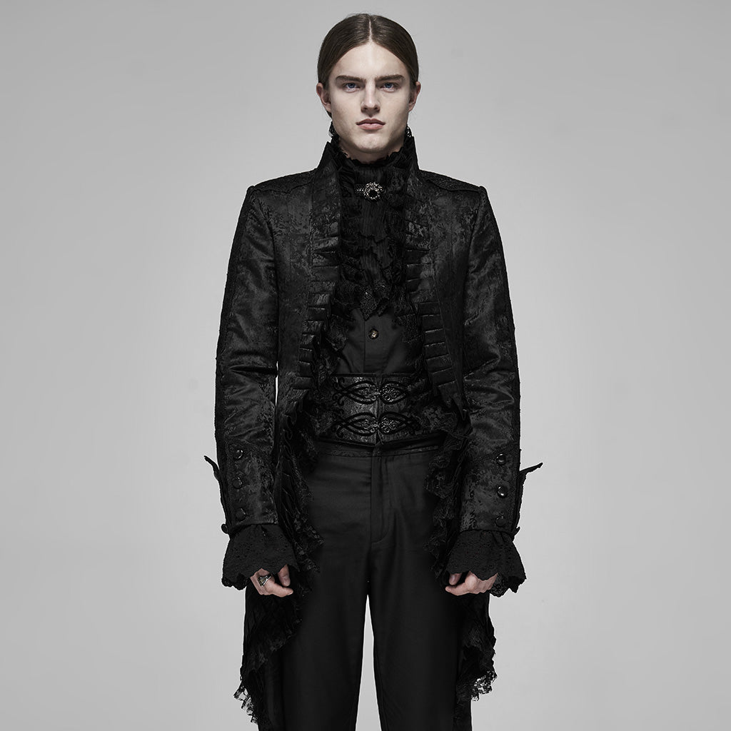 WY-1166XCM Victorian Gothic Coat Red Black Brocade Lace Trim