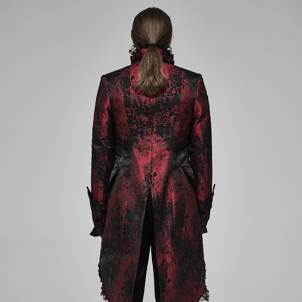 WY-1166XCM Victorian Gothic Coat Red Black Brocade Lace Trim