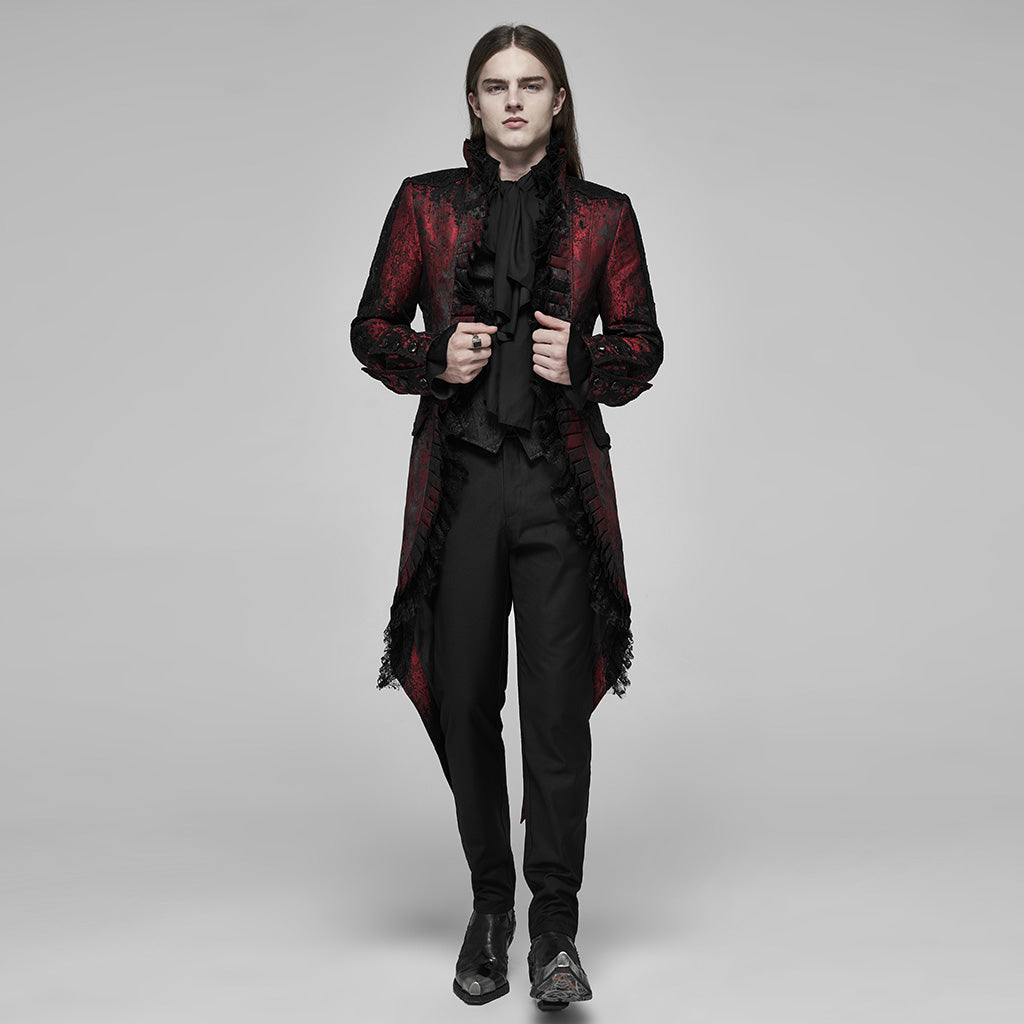 WY-1166XCM Victorian Gothic Coat Red Black Brocade Lace Trim