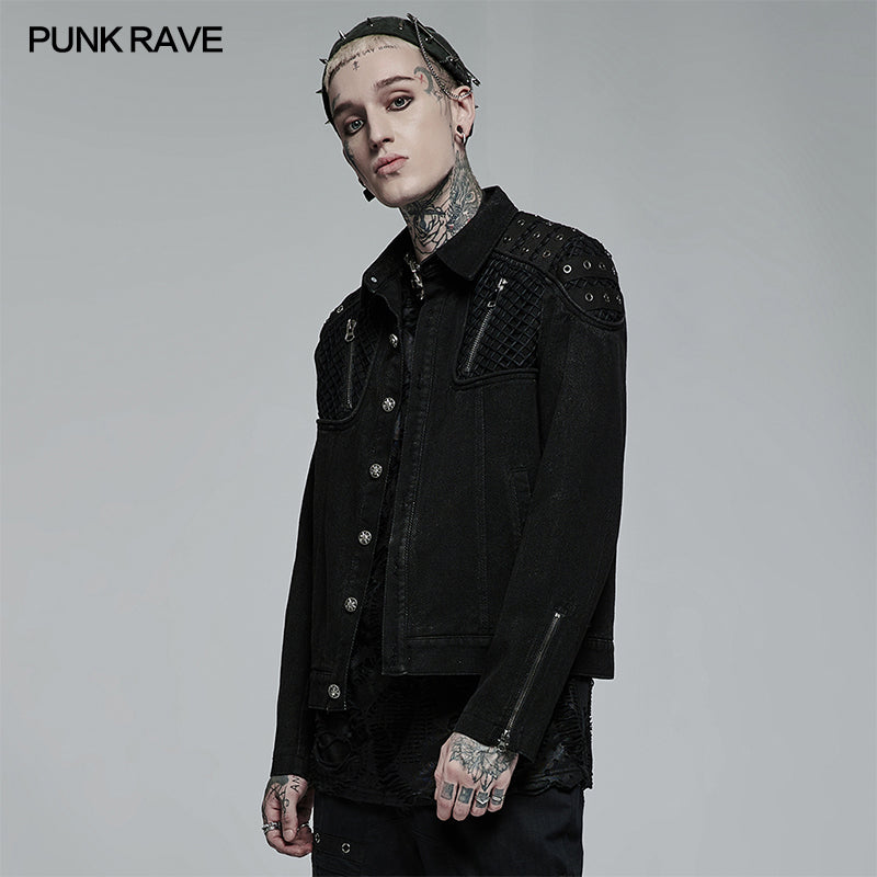 WY-1375XDM Punk Rave Punk Jacket black Denim Studded Biker Style with Zipper Details