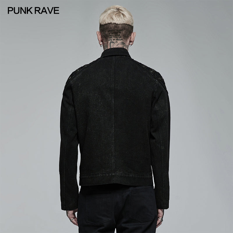 WY-1375XDM Punk Rave Punk Jacket black Denim Studded Biker Style with Zipper Details