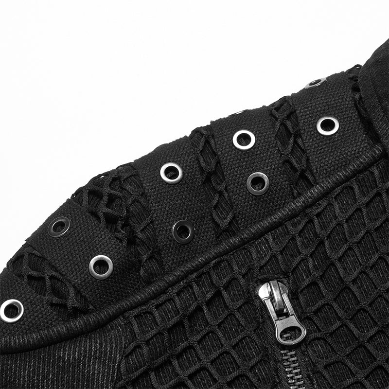 WY-1375XDM Punk Rave Punk Jacket black Denim Studded Biker Style with Zipper Details?-??Punk Rave Clothing
