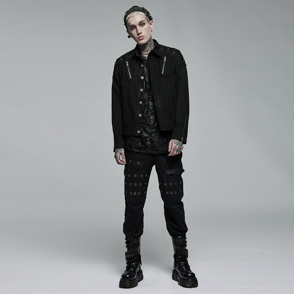 WY-1375XDM Punk Rave Punk Jacket black Denim Studded Biker Style with Zipper Details?-??Punk Rave Clothing