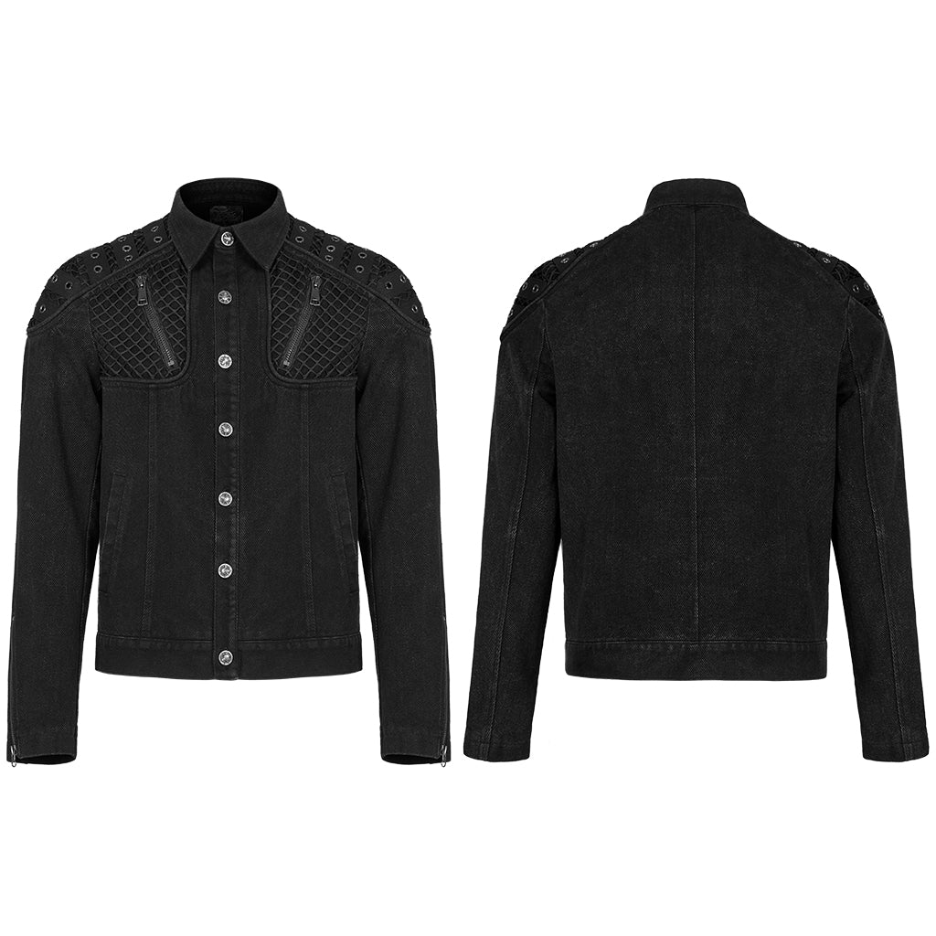 WY-1375XDM Punk Rave Punk Jacket black Denim Studded Biker Style with Zipper Details?-??Punk Rave Clothing