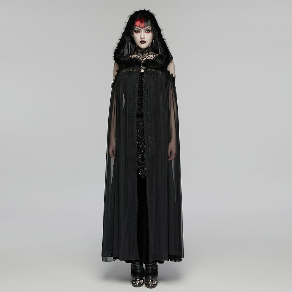 WY-1838DPF Gothic Coat Fur Hooded Sheer Black Cape Cloak