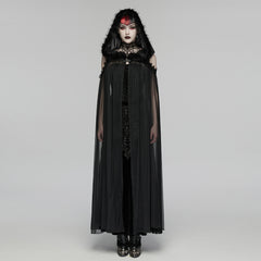 WY-1838DPF Gothic Coat Fur Hooded Sheer Black Cape Cloak