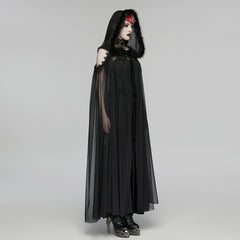 WY-1838DPF Gothic Coat Fur Hooded Sheer Black Cape Cloak