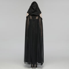 WY-1838DPF Gothic Coat Fur Hooded Sheer Black Cape Cloak