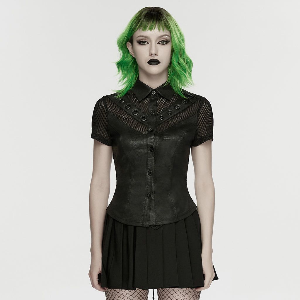 WY-1894CDF Edgy Mesh Gothic Punk Shirts with Button Detail