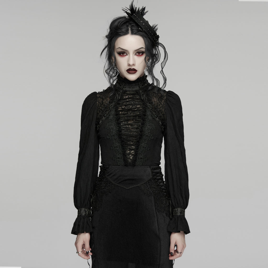 WY-1895CCF Victorian Lace Gothic Shirts Long Sleeve High Neck Blouse