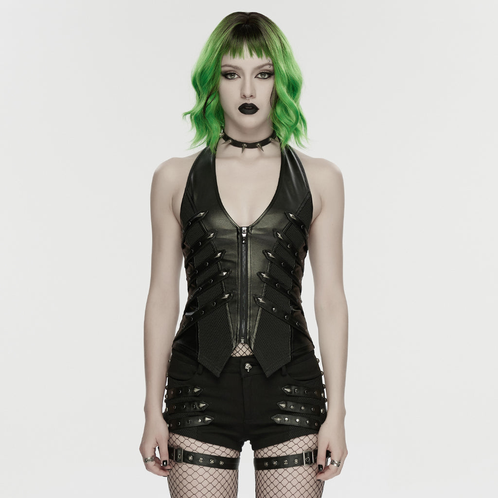 WY-1896MJF Sleek Black Zippered Faux Leather Punk Vests with Straps