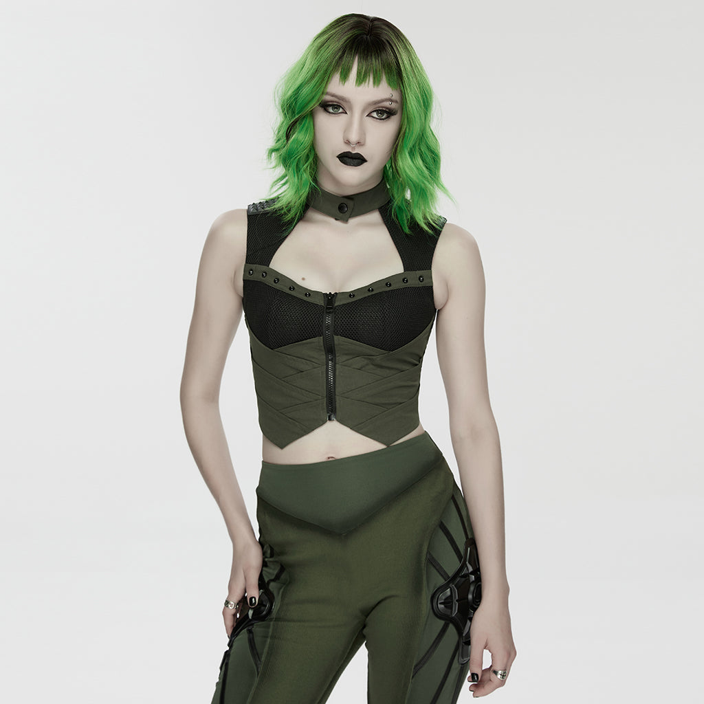 WY-1906MJF Edgy Zippered Olive Mesh Punk Vests Gothic Style