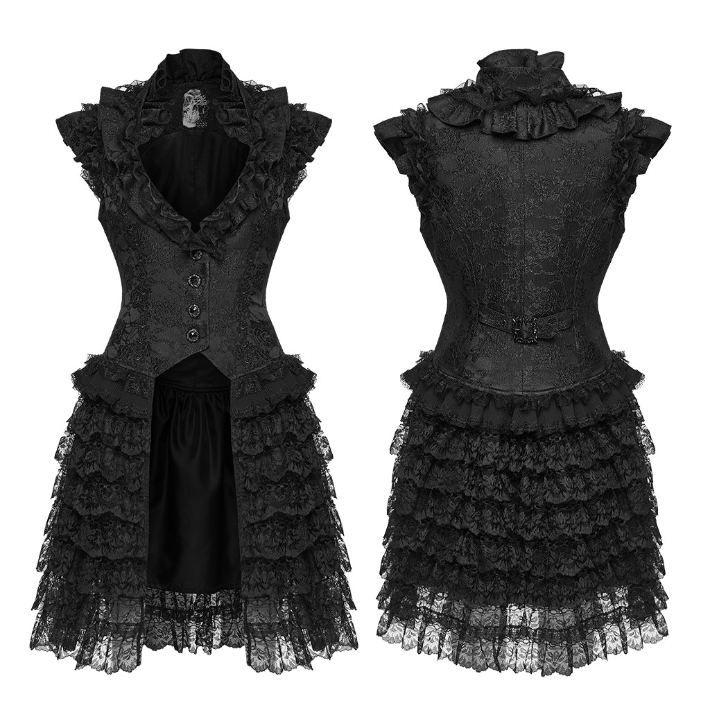 WY-1907MJF Gothic Vest Layered Lace Ruffled High-Neck Victorian Style Dress