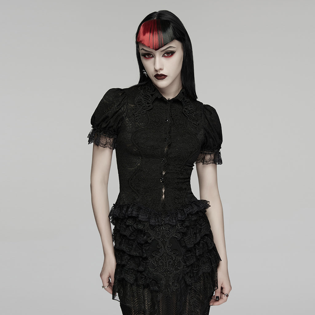 WY-1911CDF Gothic Shirts Lace Ruffled Puff Sleeve Victorian Blouse Top