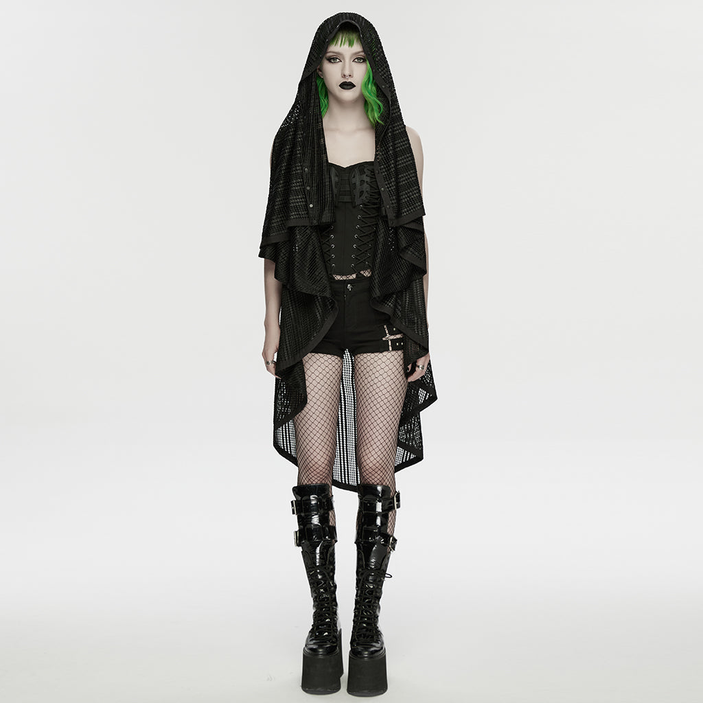 WY-1912XCF Gothic Mesh Hooded Punk Coat with Asymmetrical Hem Detailing
