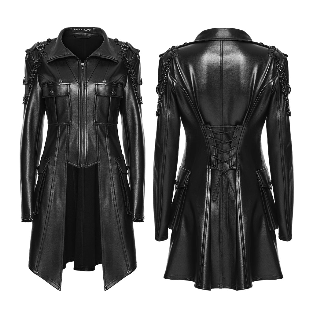 WY-1915XCF Edgy Longline Faux Leather Punk Jackets with Chain Details