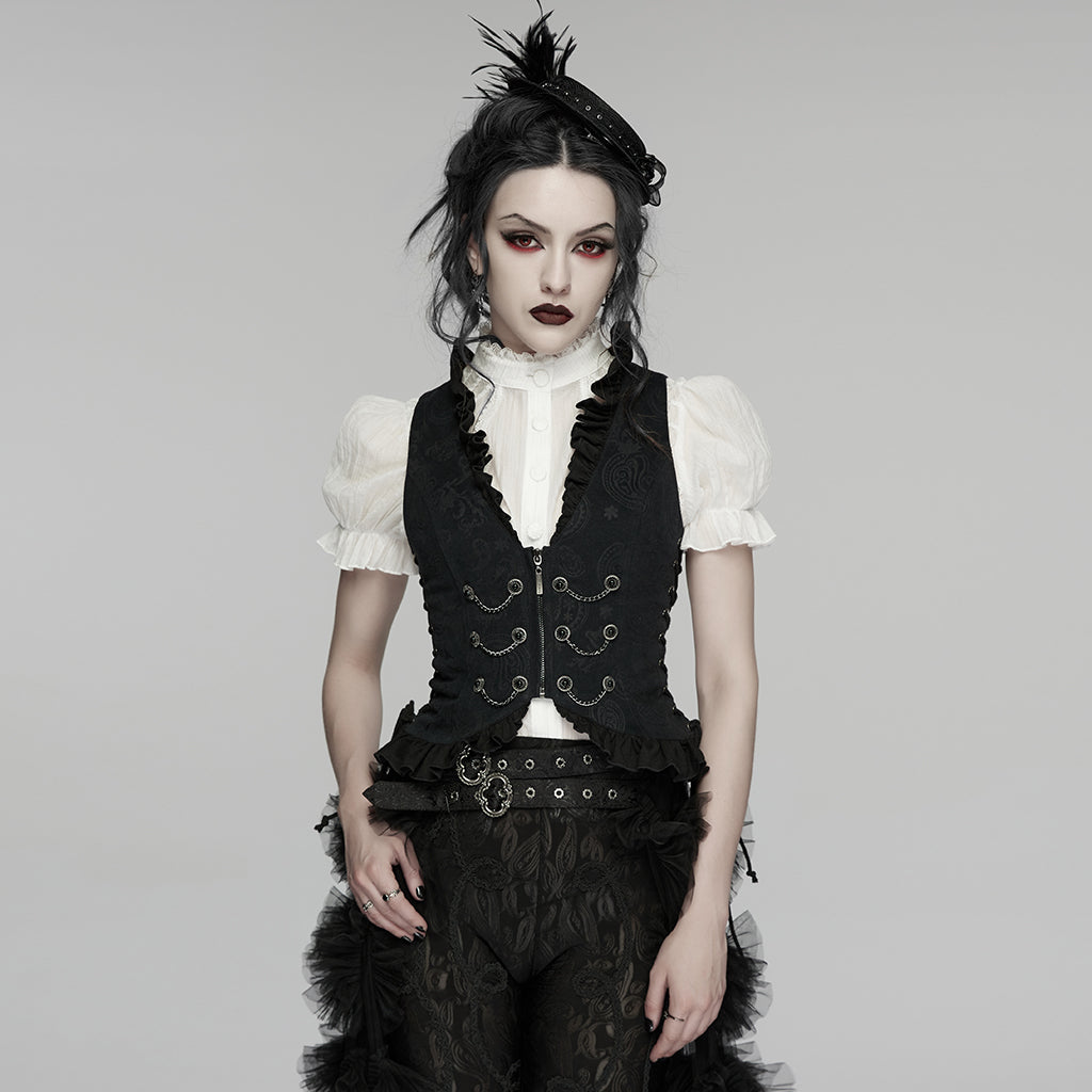 WY-1924MJF Gothic Vest Victorian Black Brocade Chain Detailing Sleeveless Waistcoat
