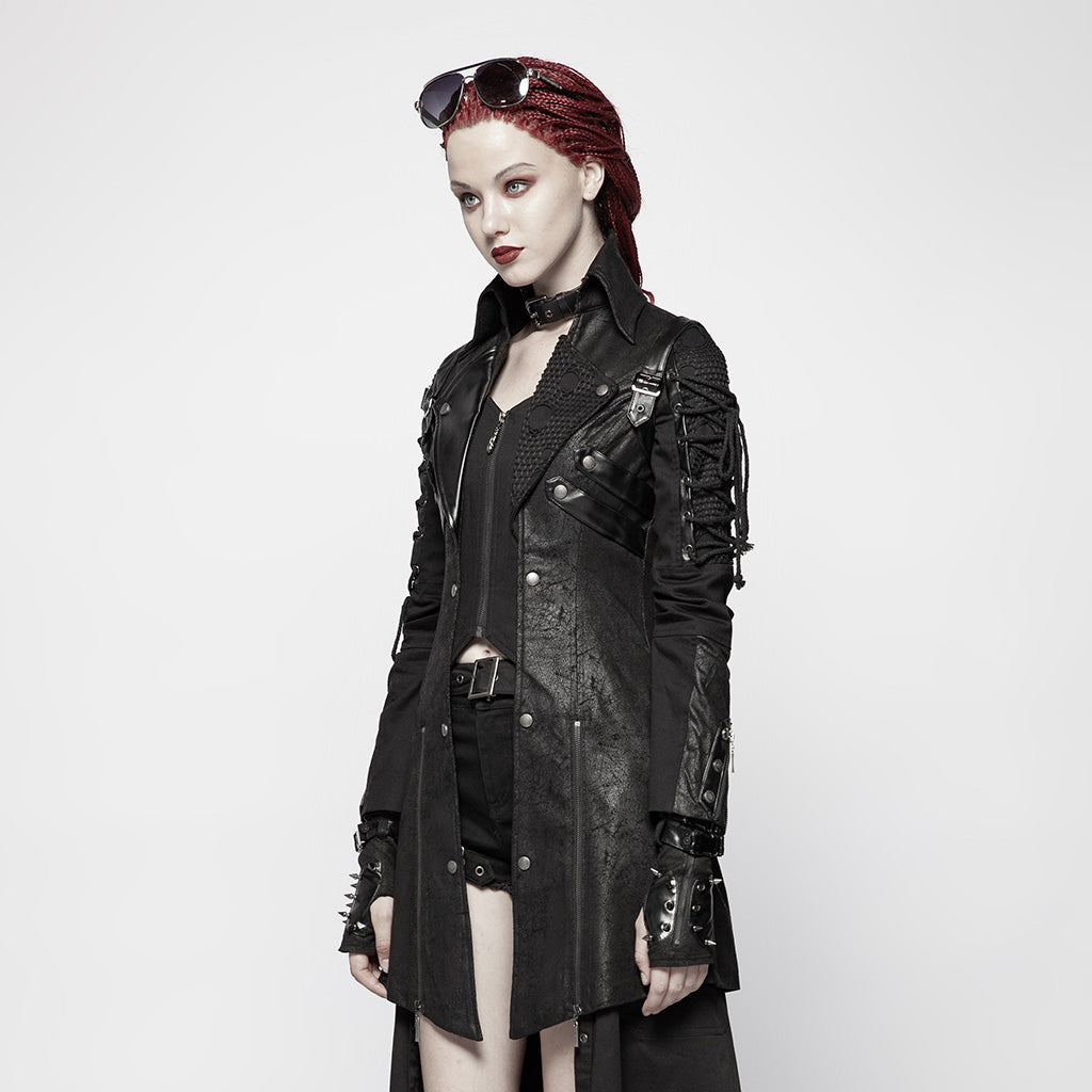 Popular Punk Rave Jacket Y-349 Studded Special Hot Fit Leather Long Gothic Coat For Women?-??Punk Rave Clothing